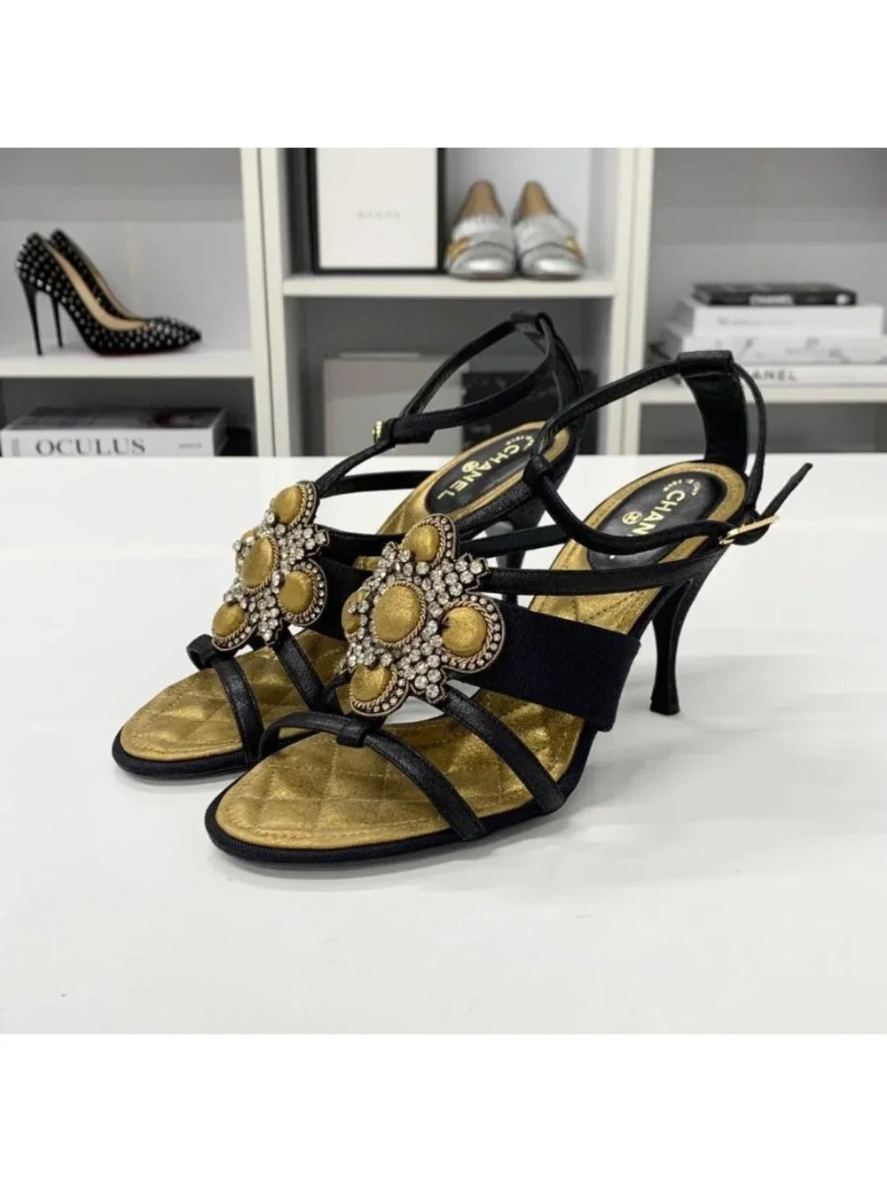 Chanel Leather Bijou Strap Sandals Black